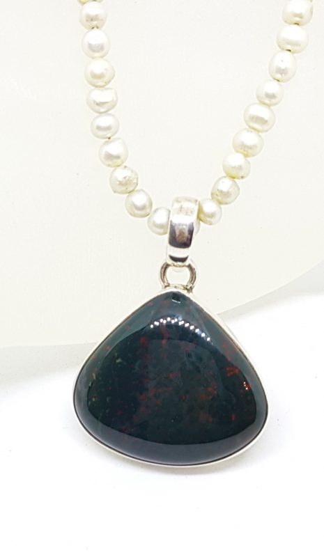 Sterling Silver Large Teardrop Shape Bloodstone Pendant on Pearl Necklace