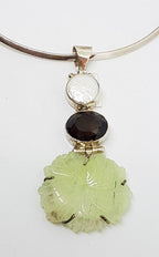 Sterling Silver Large Carved Jade Flower with Smokey Quartz and Pearl Pendant on Silver Choker Chain Necklace