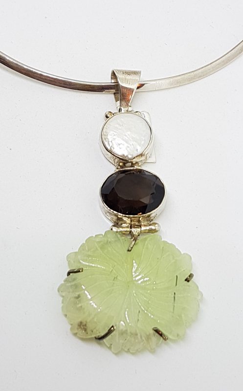 Sterling Silver Large Carved Jade Flower with Smokey Quartz and Pearl Pendant on Silver Choker Chain Necklace