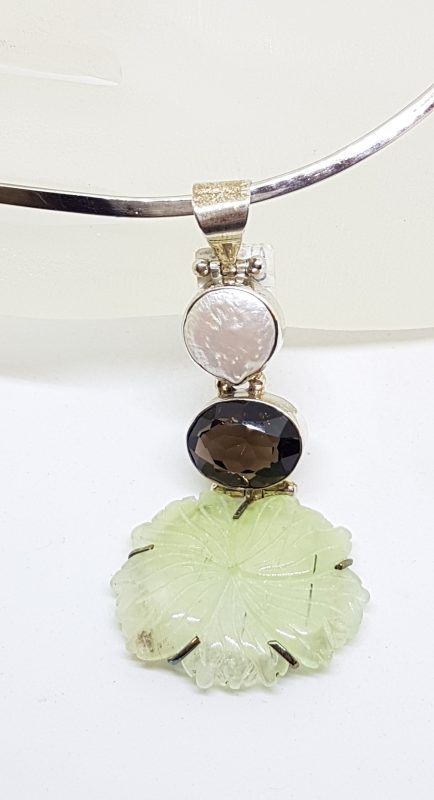 Sterling Silver Large Carved Jade Flower with Smokey Quartz and Pearl Pendant on Silver Choker Chain Necklace