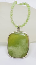 Sterling Silver Large Green Agate Rectangular Pendant on Green Onyx Bead Necklace
