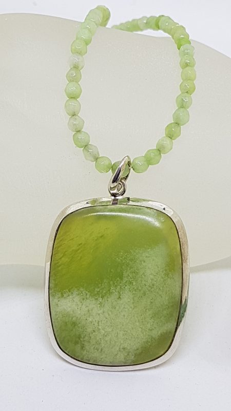 Sterling Silver Large Green Agate Rectangular Pendant on Green Onyx Bead Necklace