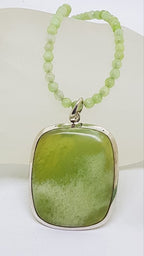 Sterling Silver Large Green Agate Rectangular Pendant on Green Onyx Bead Necklace