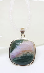 Sterling Silver Large Square Green Ocean Agate Pendant on Rose Quartz Bead Necklace