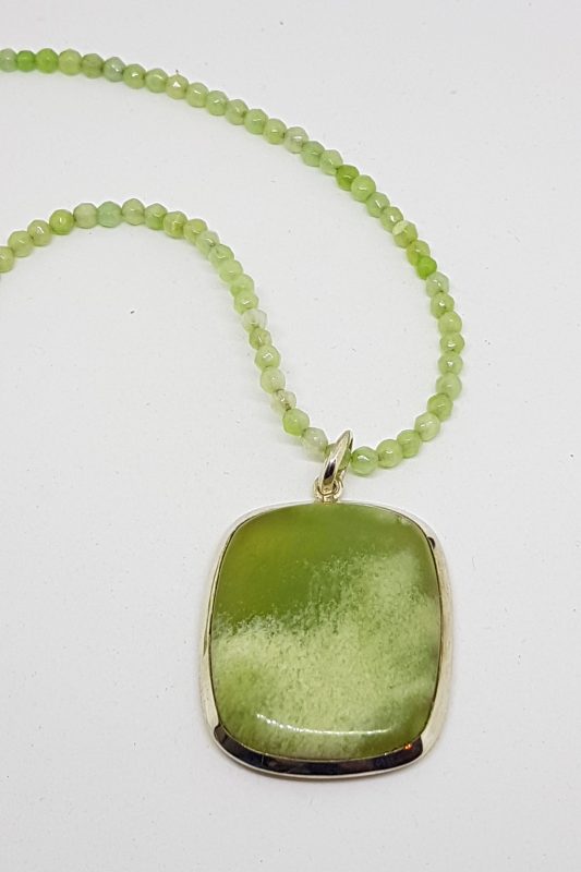 Sterling Silver Large Green Agate Rectangular Pendant on Green Onyx Bead Necklace
