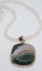 Sterling Silver Large Square Green Ocean Agate Pendant on Rose Quartz Bead Necklace