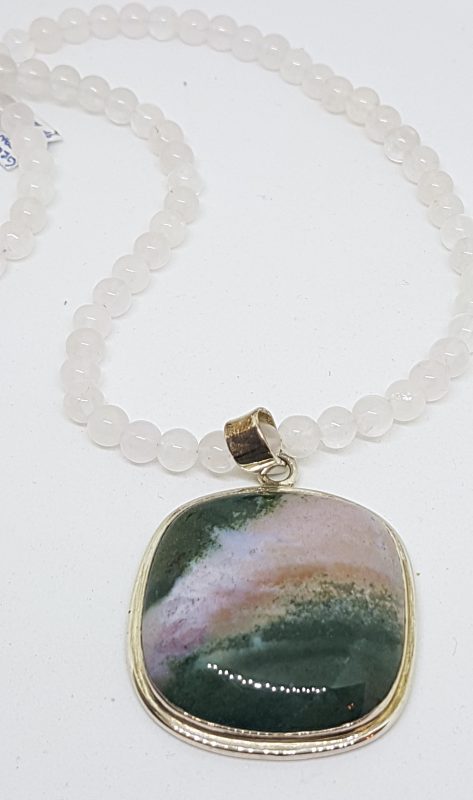 Sterling Silver Large Square Green Ocean Agate Pendant on Rose Quartz Bead Necklace