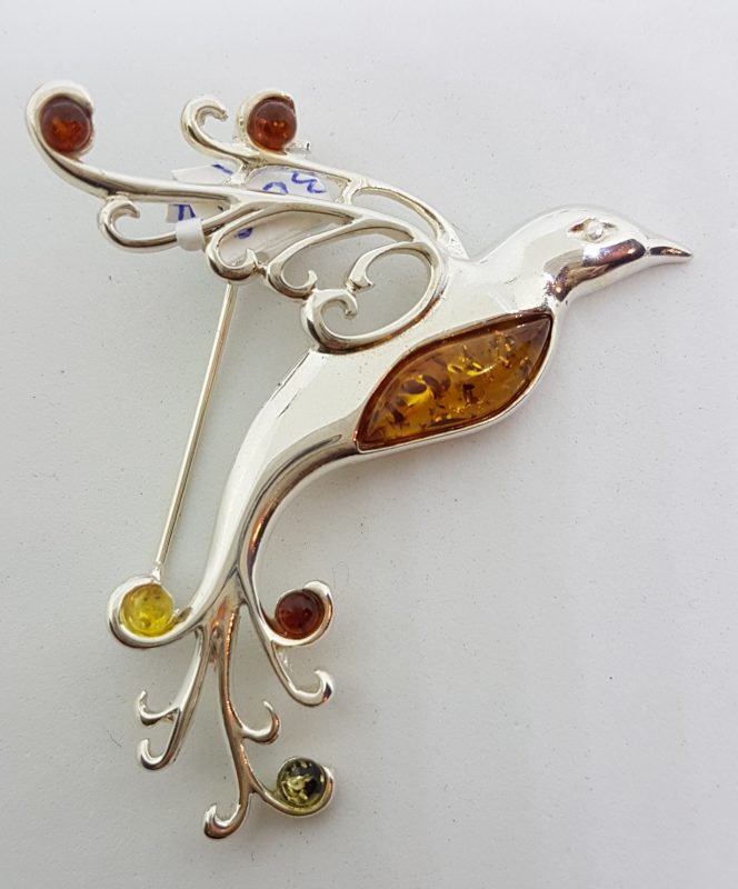 Sterling Silver Natural Multi-Colour Baltic Amber Large Bird Brooch