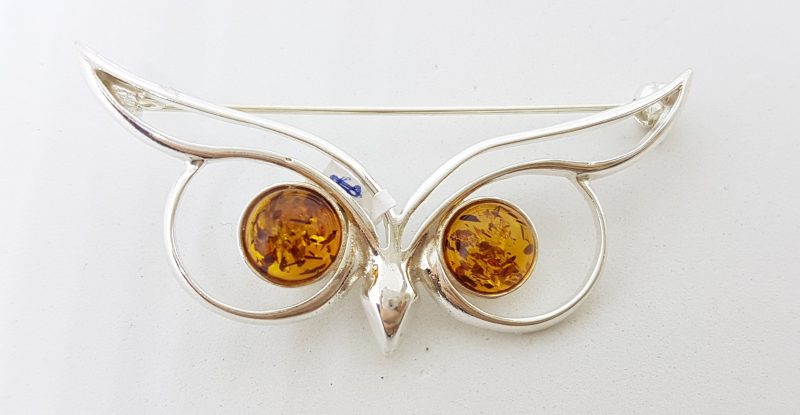 Sterling Silver Natural Amber Large Owl Eyes Brooch  - Brown