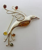 Sterling Silver Natural Multi-Colour Baltic Amber Large Bird Brooch