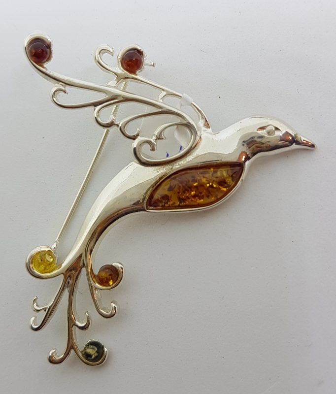 Sterling Silver Natural Multi-Colour Baltic Amber Large Bird Brooch