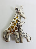 Sterling Silver Natural Baltic Amber Mother and Child Giraffe Brooch