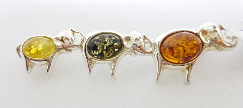 Sterling Silver Natural Multi-Colour Amber Three Elephants Brooch