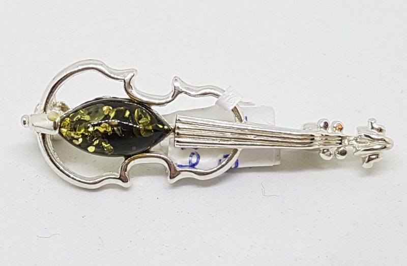 Sterling Silver Natural Amber Green Violin Musical Brooch