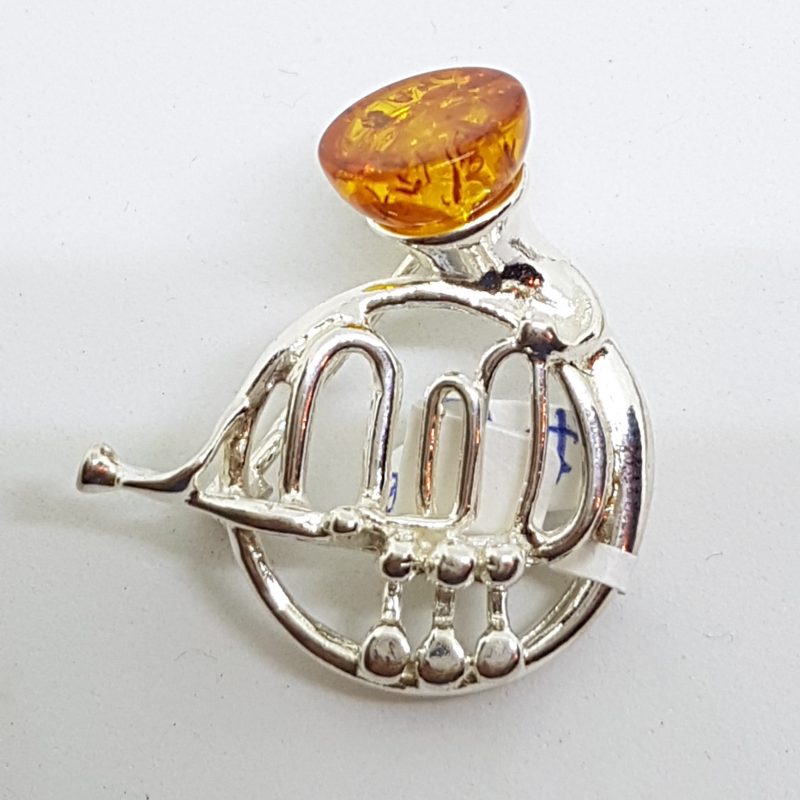 Sterling Silver Natural Amber French Horn Musical Brooch