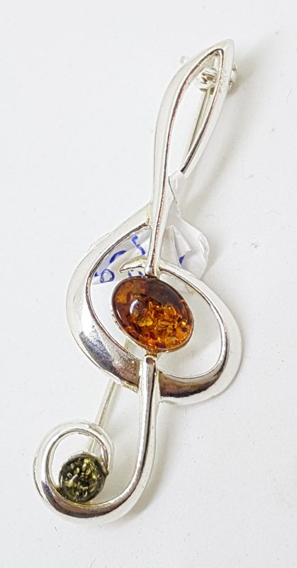 Sterling Silver Natural Amber Treble Clef Musical Brooch