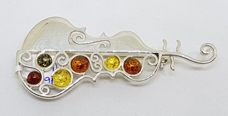 Sterling Silver Natural Multi-Colour Amber Cello / Bass Musical Large Brooch
