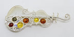 Sterling Silver Natural Multi-Colour Amber Cello / Bass Musical Large Brooch