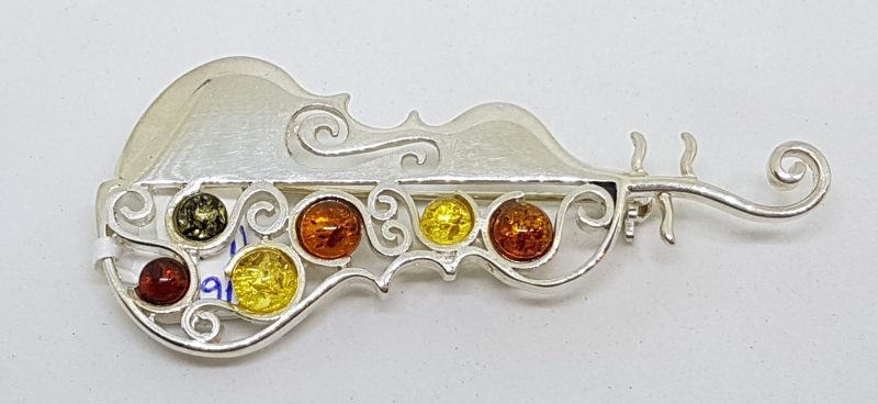 Sterling Silver Natural Multi-Colour Amber Cello / Bass Musical Large Brooch