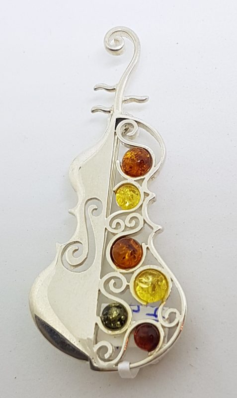 Sterling Silver Natural Multi-Colour Amber Cello / Bass Musical Large Brooch