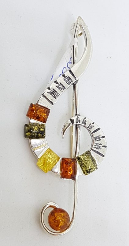 Sterling Silver Natural Multi-Colour Amber Large Treble Clef Musical Brooch