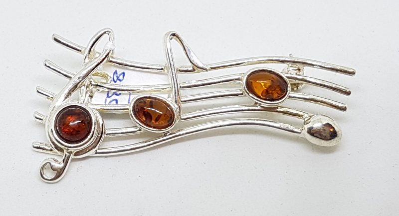 Sterling Silver Natural Amber Large Treble Clef and Music Notes Musical Brooch