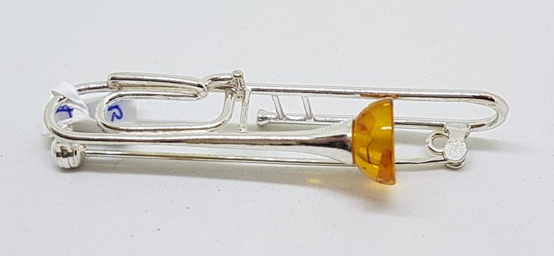 Sterling Silver Natural Amber Trombone Musical Brooch