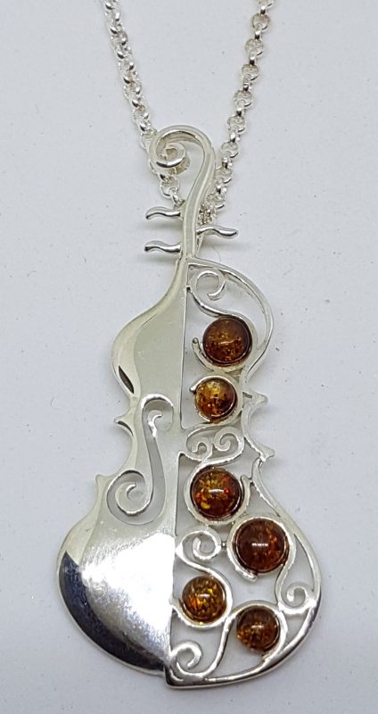 Sterling Silver Natural Amber Large Cello / Bass Musical Pendant on Silver Chain