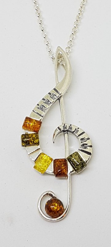 Sterling Silver Natural Multi-Colour Amber Large Treble Clef Musical Pendant on Silver Chain