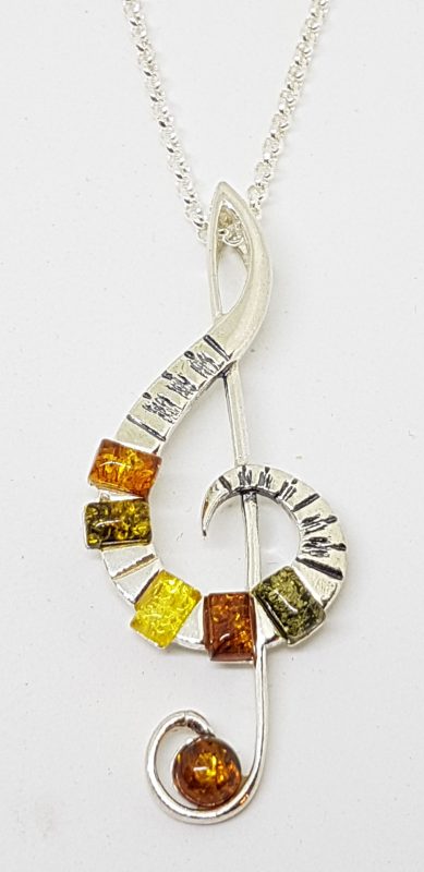 Sterling Silver Natural Multi-Colour Amber Large Treble Clef Musical Pendant on Silver Chain
