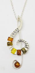 Sterling Silver Natural Multi-Colour Amber Large Treble Clef Musical Pendant on Silver Chain