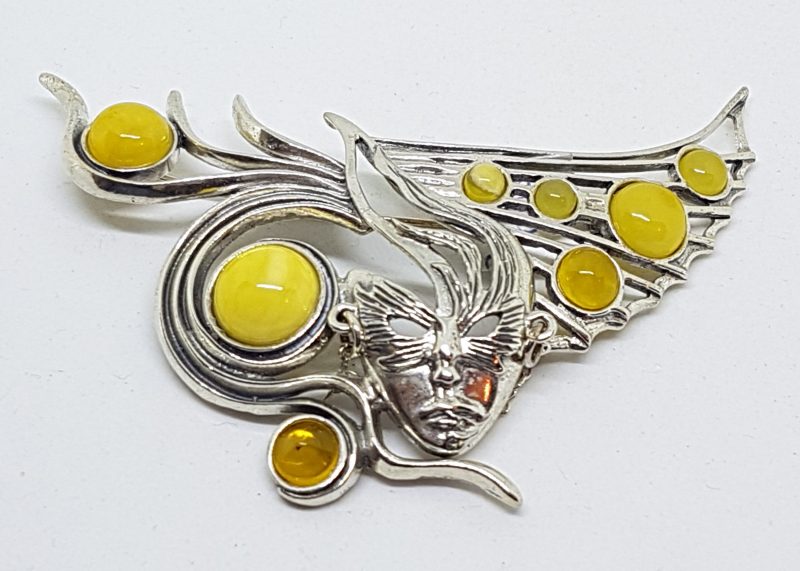 Sterling Silver Natural Butter Amber Large Mask Brooch