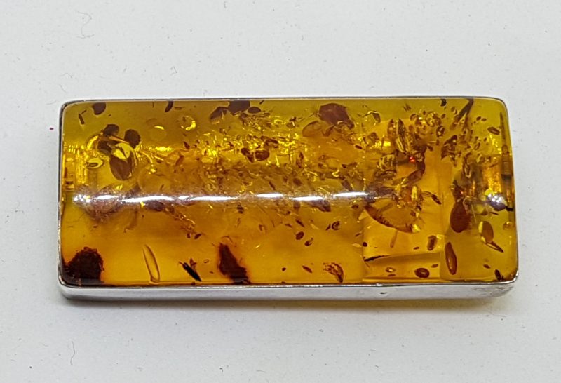 Sterling Silver Natural Amber Large Rectangular Brooch