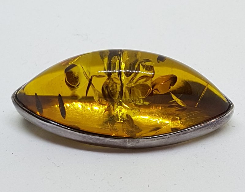 Sterling Silver Natural Amber Marquis Shape Brooch