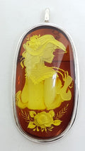 Sterling Silver Natural Amber Large Oval Carved Cameo Brooch / Pendant