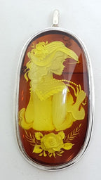 Sterling Silver Natural Amber Large Oval Carved Cameo Brooch / Pendant