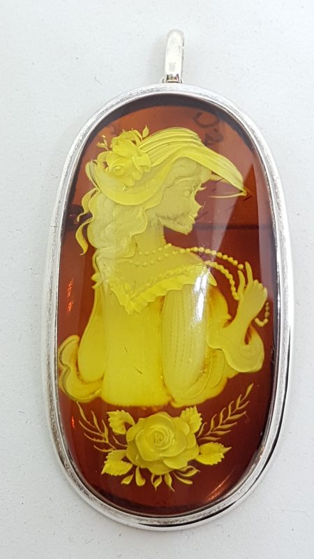 Sterling Silver Natural Amber Large Oval Carved Cameo Brooch / Pendant
