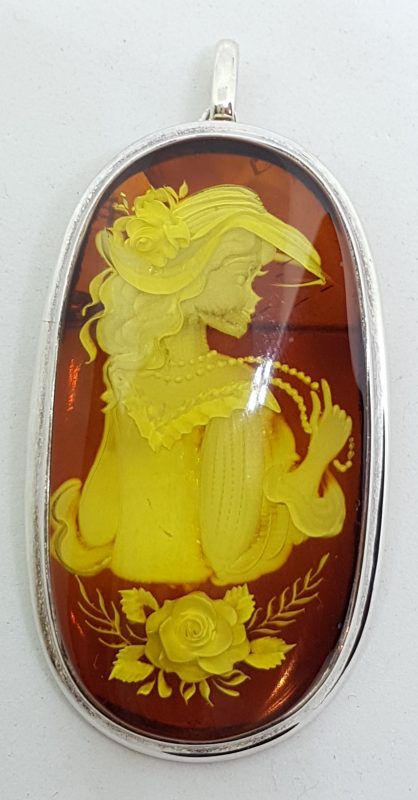 Sterling Silver Natural Amber Large Oval Carved Cameo Brooch / Pendant
