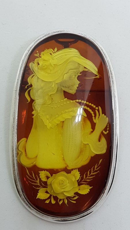 Sterling Silver Natural Amber Large Oval Carved Cameo Brooch / Pendant