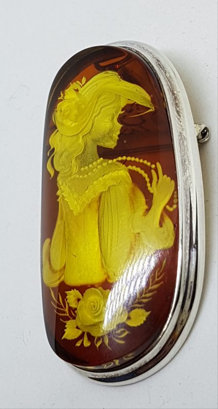 Sterling Silver Natural Amber Large Oval Carved Cameo Brooch / Pendant