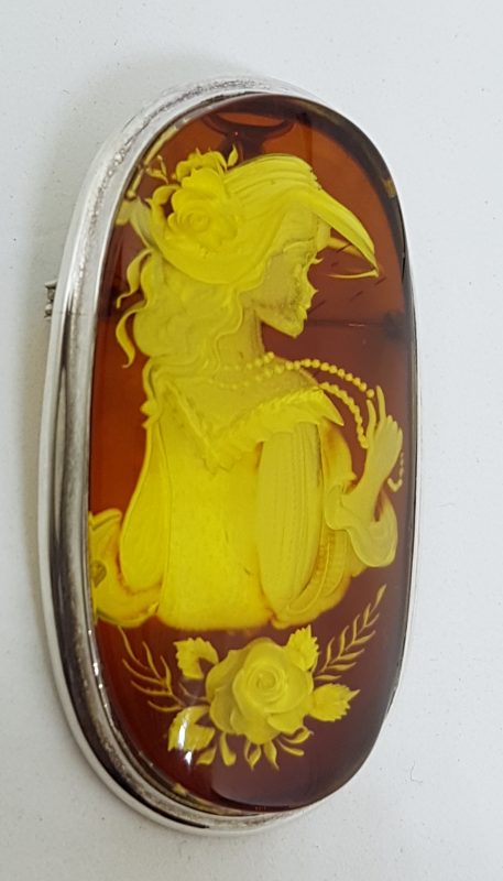 Sterling Silver Natural Amber Large Oval Carved Cameo Brooch / Pendant