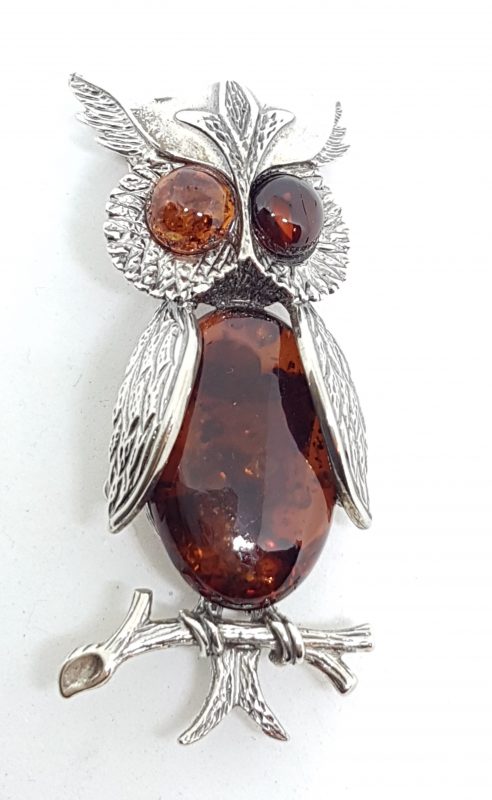 Sterling Silver Natural Amber Large Owl Brooch