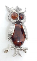 Sterling Silver Natural Amber Large Owl Brooch
