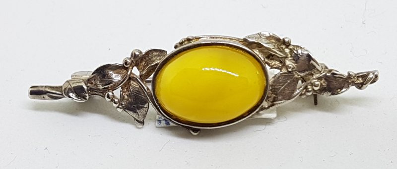 Sterling Silver Natural Butter Amber Ornate Bar Brooch