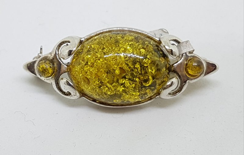 Sterling Silver Natural Green Amber Brooch