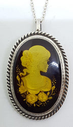 Sterling Silver Natural Amber Oval Carved Cameo Brooch / Pendant on Sterling Silver Chain