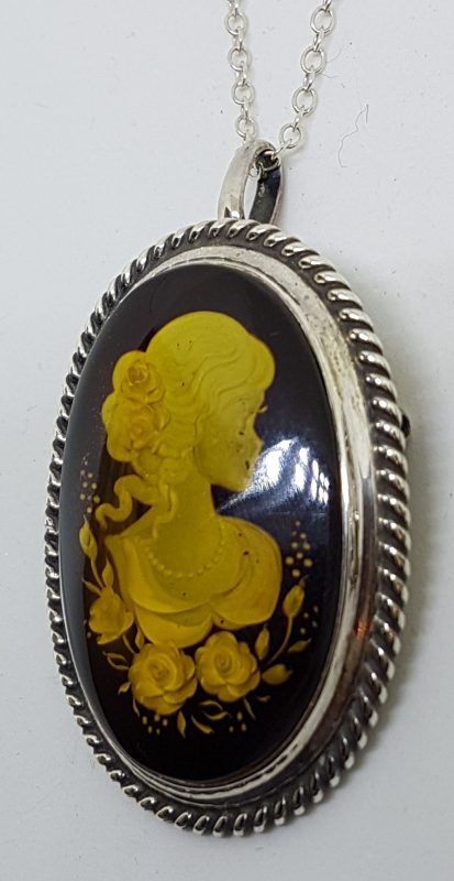 Sterling Silver Natural Amber Oval Carved Cameo Brooch / Pendant on Sterling Silver Chain