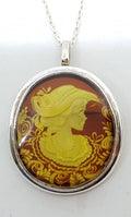 Sterling Silver Natural Amber Carved Lady with Hat Cameo Brooch / Pendant on Sterling Silver Chain