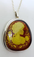 Sterling Silver Natural Amber Carved Lady with Roses Cameo Brooch / Pendant on Sterling Silver Chain