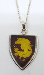 Sterling Silver Natural Amber Carved Lady with Flowers Cameo Shield Pendant on Sterling Silver Chain
